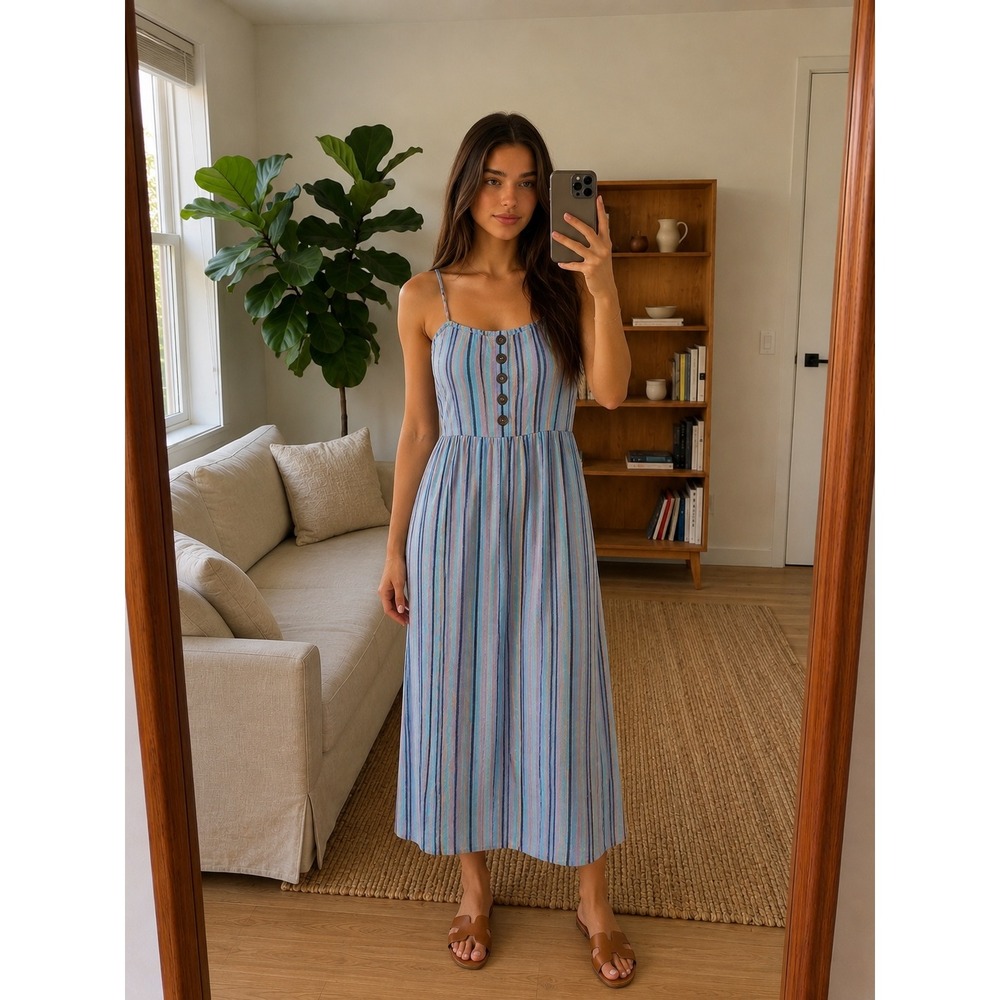 Easel Striped Midi Dress‎ M Blue Button Front Smocked Boho Cottage Summer Beachy